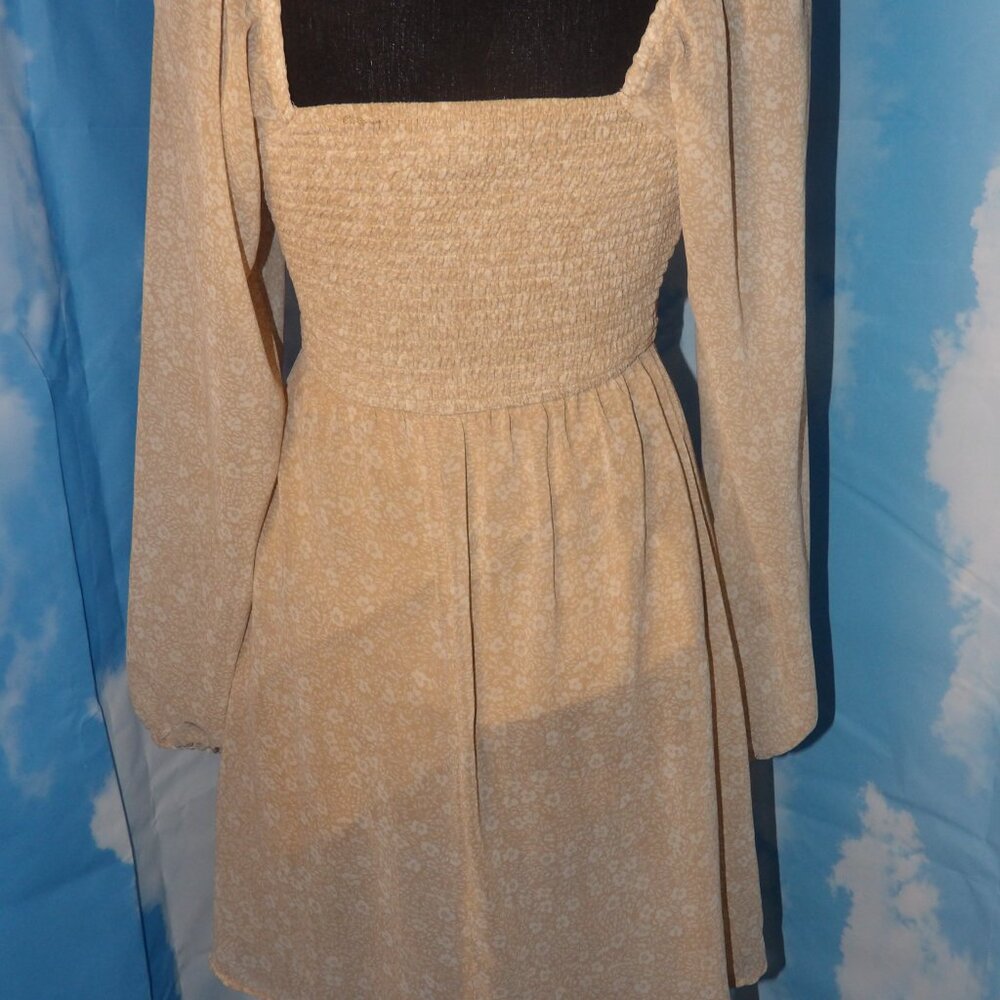 JAPAA XS  Light Tan DRESS Sheer Long Sleeve/Elastic Bodfice/2 Layer Full Skirt